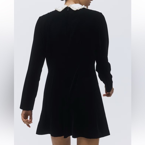 H&M Velvet Short Dress with Contrasting Collar with Pearlescent Beads Black NWT - Picture 4 of 4